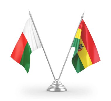 Bolivya ve Madagaskar masa bayrakları beyaz 3D görüntüleme üzerinde izole