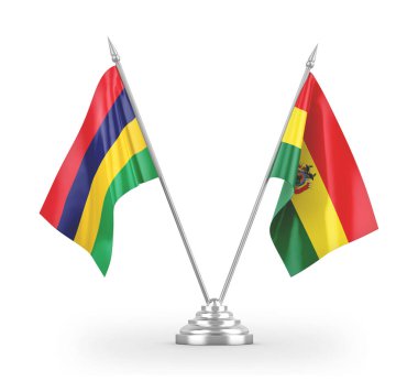Bolivya ve Mauritius masa bayrakları beyaz 3D görüntüleme üzerinde izole edildi