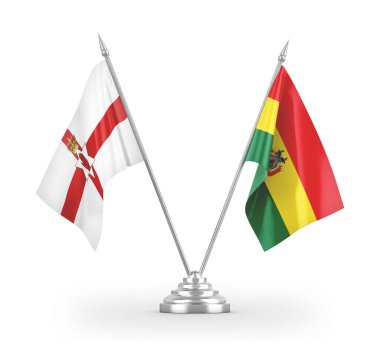 Bolivya ve Kuzey İrlanda masa bayrakları beyaz 3D görüntüleme üzerinde izole