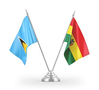 Bolivya ve Saint Lucia masa bayrakları beyaz 3D görüntülerde izole edildi