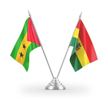 Bolivya ve Sao Tome ve Principe masa bayrakları beyaz 3D görüntüleme üzerinde izole