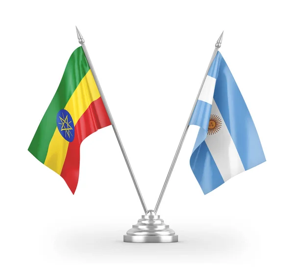 Argentina and Ethiopia table flags isolated on white 3D rendering — Stock Photo, Image