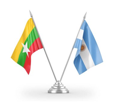 Argentina and Myanmar table flags isolated on white 3D rendering