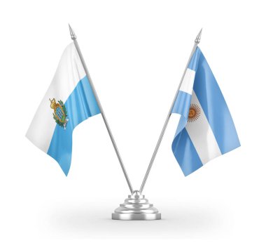 Argentina and San Marino table flags isolated on white 3D rendering