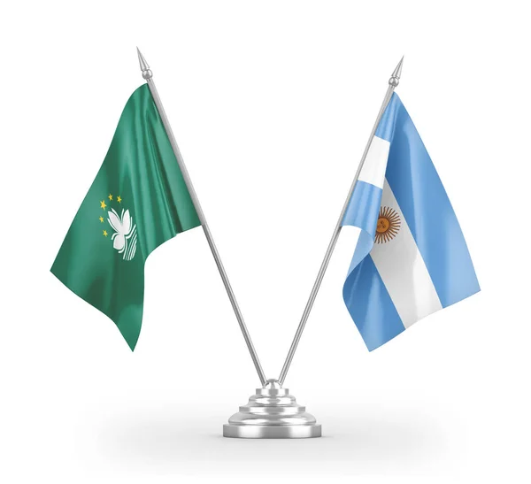Bandiere da tavolo Argentina e Macao isolate su rendering 3D bianco — Foto Stock