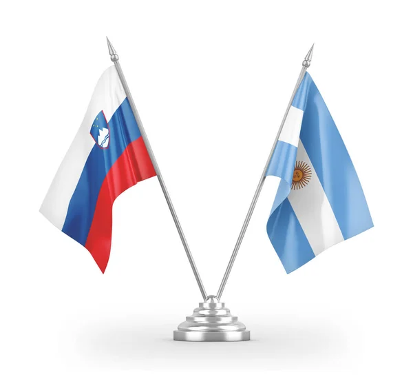 Banderas de mesa Argentina y Eslovenia aisladas en renderizado 3D blanco —  Fotos de Stock