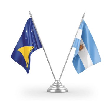 Argentina and Tokelau table flags isolated on white 3D rendering