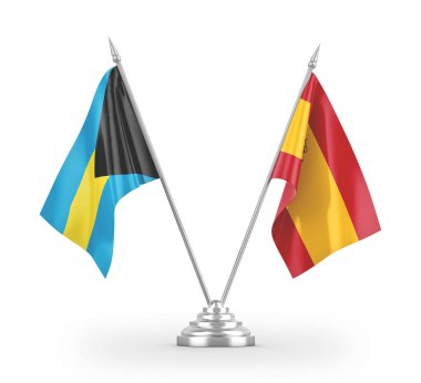 Spain and Bahamas table flags isolated on white 3D rendering 