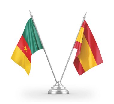 Spain and Cameroon table flags isolated on white 3D rendering 