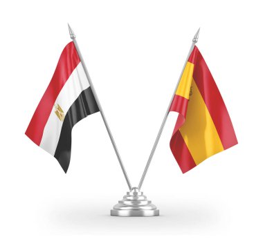 Spain and Egypt two table flags isolated on white 3D rendering