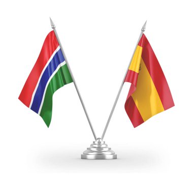 Spain and Gambia table flags isolated on white 3D rendering