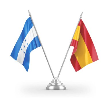 Spain and Honduras table flags isolated on white 3D rendering