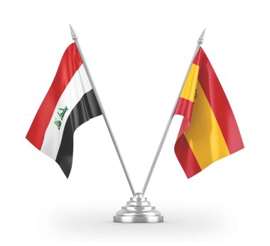 Spain and Iraq two table flags isolated on white 3D rendering