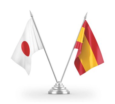 Spain and Japan table flags isolated on white 3D rendering