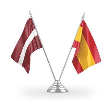 Spain and Latvia table flags isolated on white 3D rendering