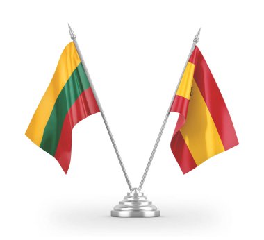 Spain and Lithuania table flags isolated on white 3D rendering
