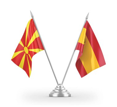Spain and North Macedonia table flags isolated on white 3D rendering