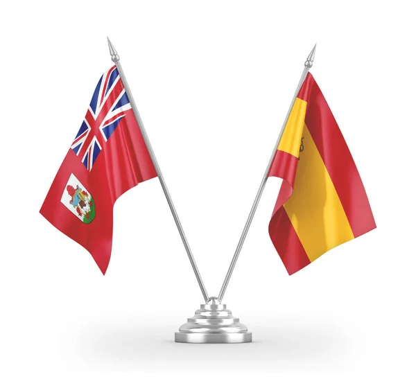 Bandeiras de mesa Espanha e Bermudas isoladas em renderização 3D branca — Fotografia de Stock