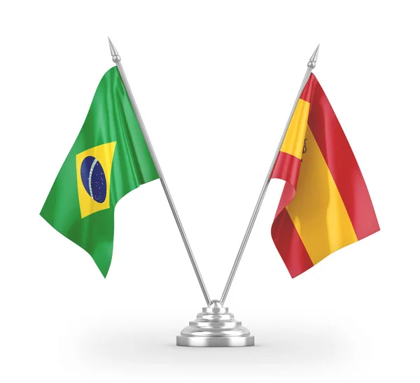 Drapeaux de table espagnols et brésiliens isolés sur rendu 3D blanc — Photo