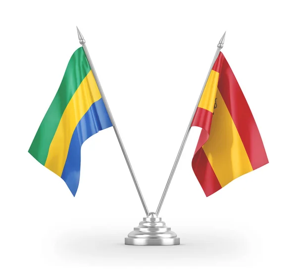 Spanje en Gabon tafelvlaggen geïsoleerd op witte 3d rendering — Stockfoto