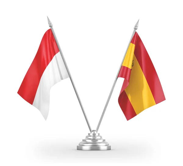 Spain and Indonesia table flags isolated on white 3D rendering — ストック写真