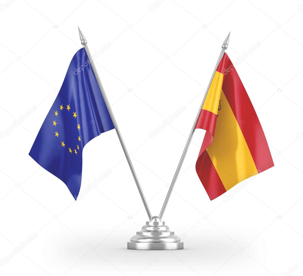 Spain and European Union table flags isolated on white 3D rendering