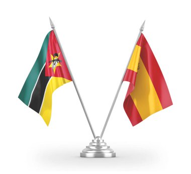 Spain and Mozambique table flags isolated on white 3D rendering