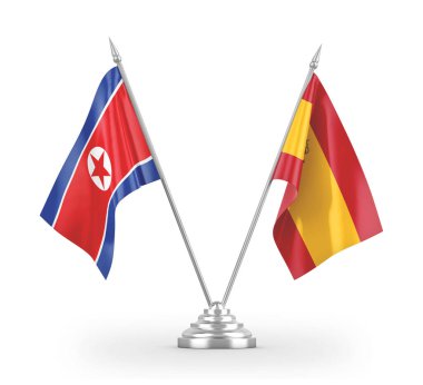 Spain and North Korea table flags isolated on white 3D rendering