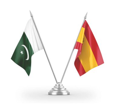 Spain and Pakistan table flags isolated on white 3D rendering