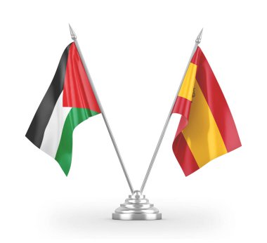 Spain and Palestine table flags isolated on white 3D rendering