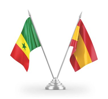 Spain and Senegal table flags isolated on white 3D rendering