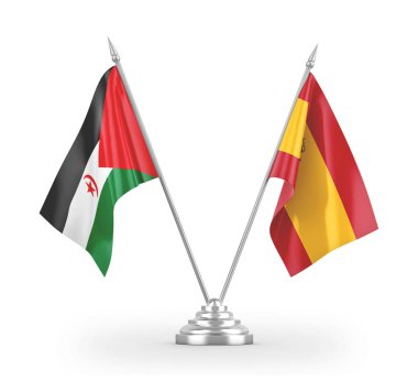Spain and Western Sahara table flags isolated on white 3D rendering