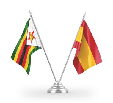 Spain and Zimbabwe table flags isolated on white 3D rendering