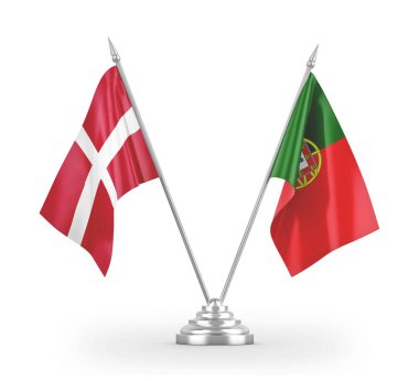 Portugal and Denmark table flags isolated on white 3D rendering
