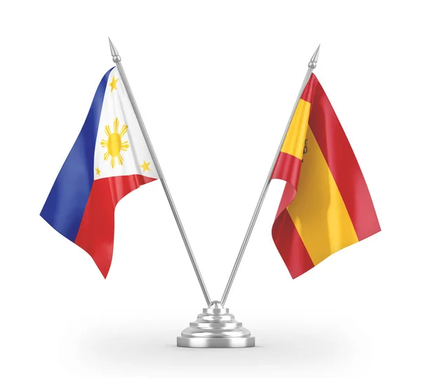 Bandeiras de mesa da Espanha e Filipinas isoladas em renderização 3D branca — Fotografia de Stock