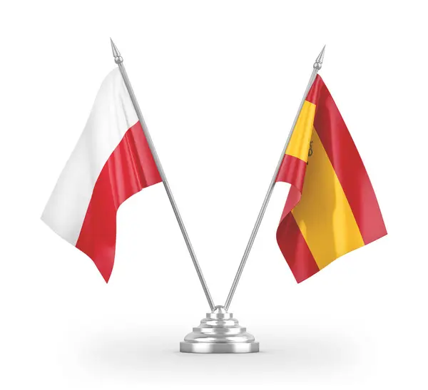 Flagi stołowe Hiszpania i Polska izolowane na białym renderingu 3d — Zdjęcie stockowe