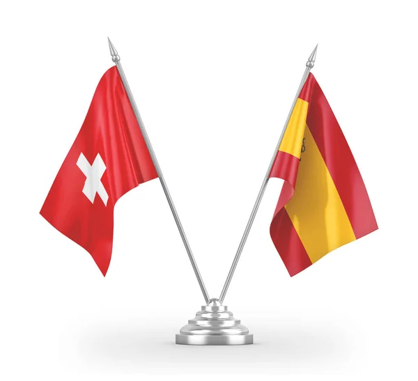 Spain and Switzerland table flags isolated on white 3D rendering — 图库照片