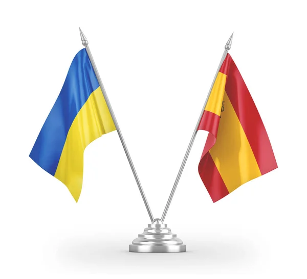 Spain and Ukraine table flags isolated on white 3D rendering — 스톡 사진