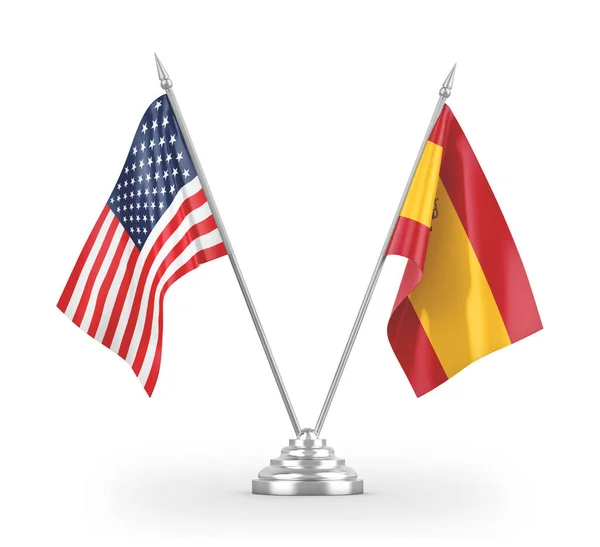 Spain and United States table flags isolated on white 3D rendering — 스톡 사진