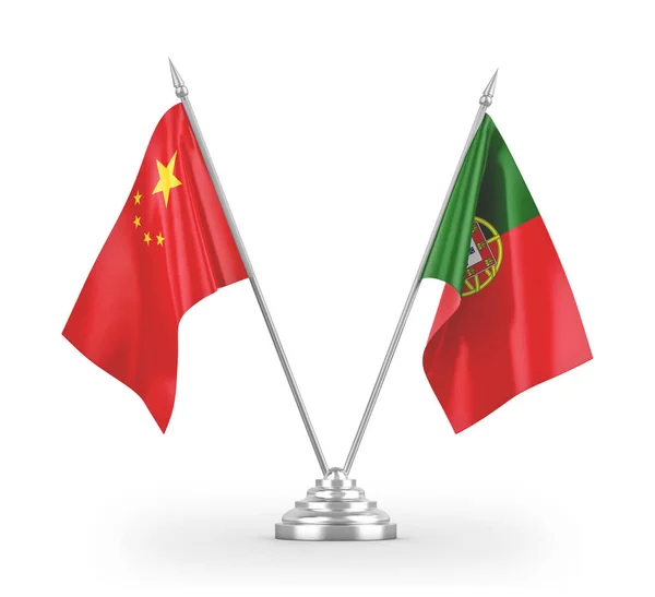 Portugal and China table flags isolated on white 3D rendering — ストック写真