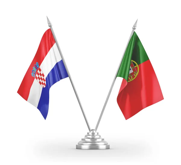 Banderas de mesa de Portugal y Croacia aisladas en renderizado 3D blanco — Foto de Stock