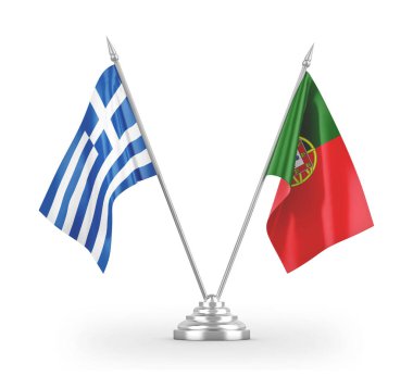 Portugal and Greece table flags isolated on white 3D rendering