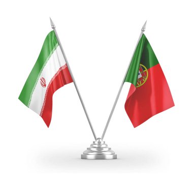 Portugal and Iran table flags isolated on white 3D rendering