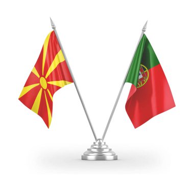 Portugal and North Macedonia table flags isolated on white 3D rendering