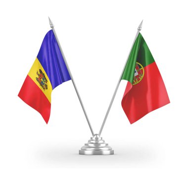 Portugal and Moldova table flags isolated on white 3D rendering