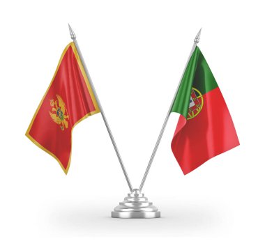 Portugal and Montenegro table flags isolated on white 3D rendering