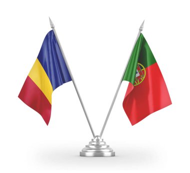 Portugal and Romania table flags isolated on white 3D rendering