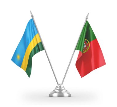 Portugal and Rwanda table flags isolated on white 3D rendering