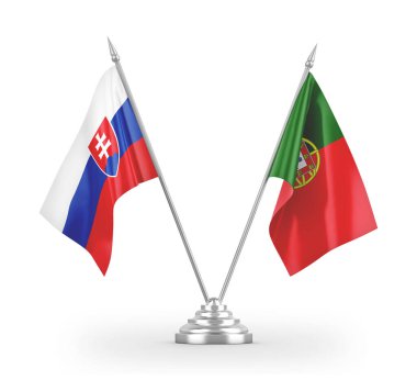 Portugal and Slovakia table flags isolated on white 3D rendering