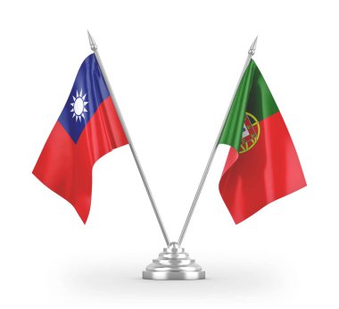 Portugal and Taiwan table flags isolated on white 3D rendering